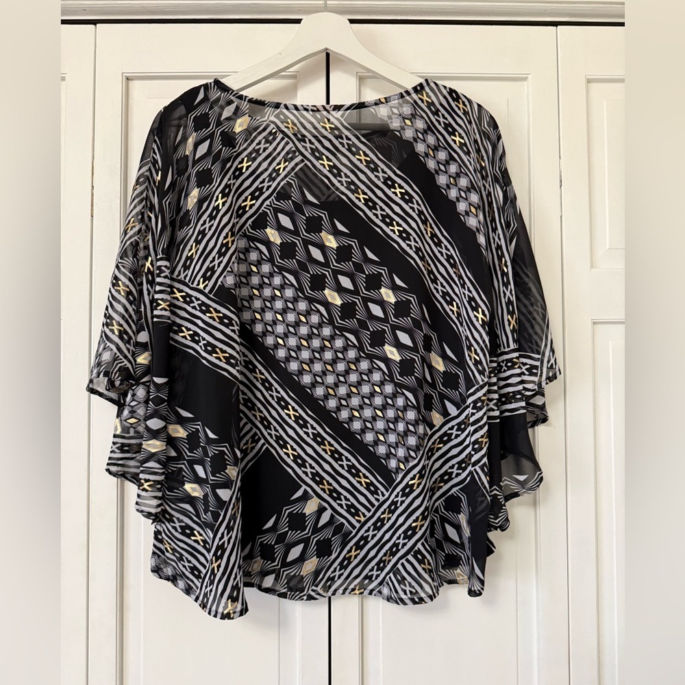 Black/White/Gold Tank Top with Sheer Poncho Overlay Boho Festival Dressy Women’s - Picture 3 of 5